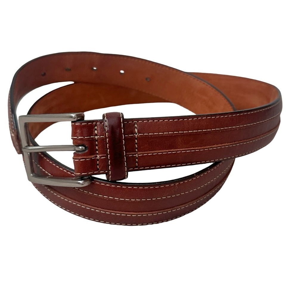 Cole Haan Men's Brown Leather Belt with Silver Metal Buckle & Detail Stitching